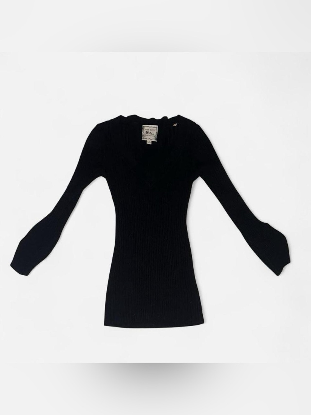 Pink Rose Black Ribbed V-Neck Sweater With Small Shoulder Hole